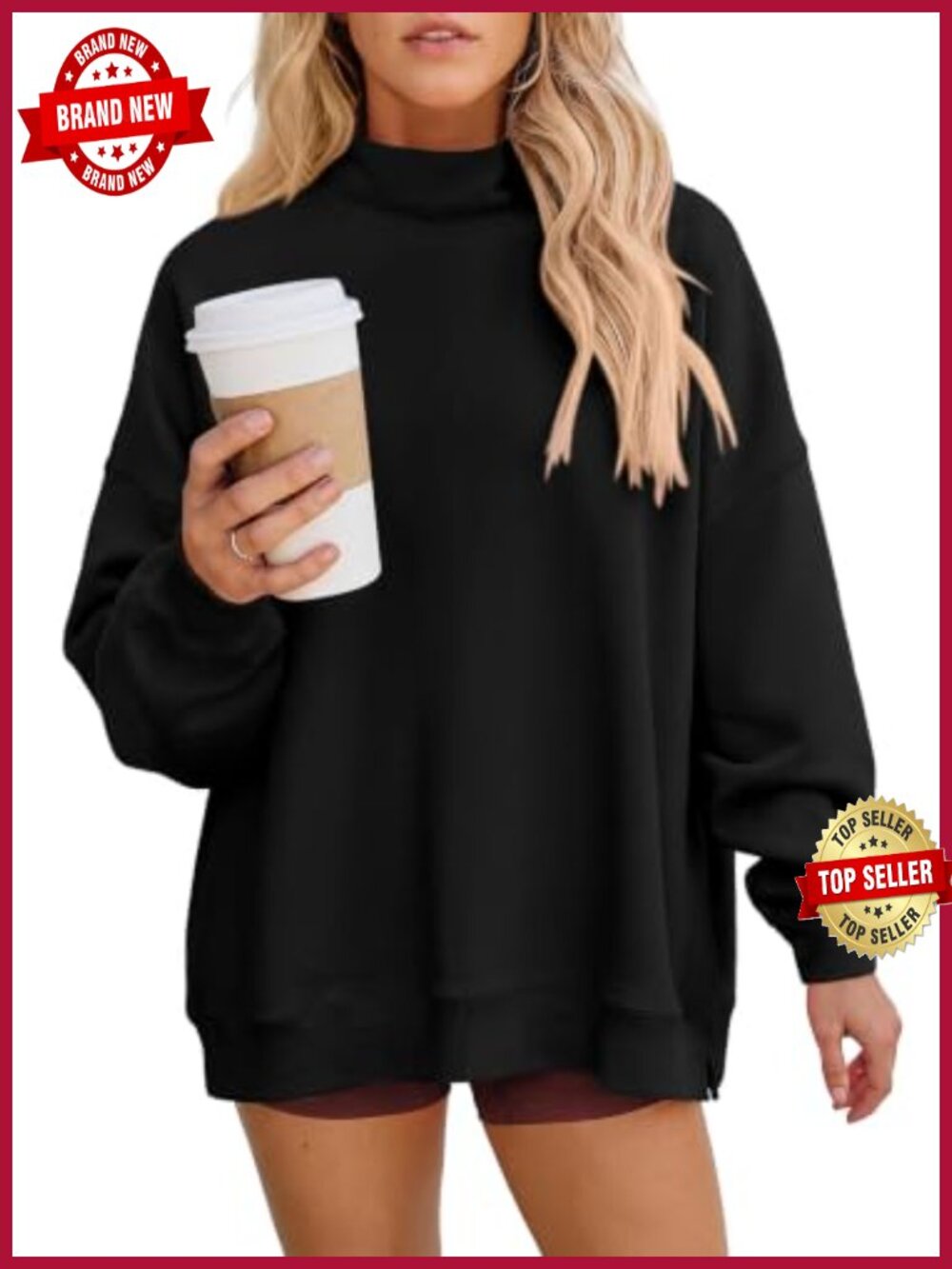 Mock Neck Oversized Sweatshirt Drop Shoulder Lightweight Pullover Casual Top